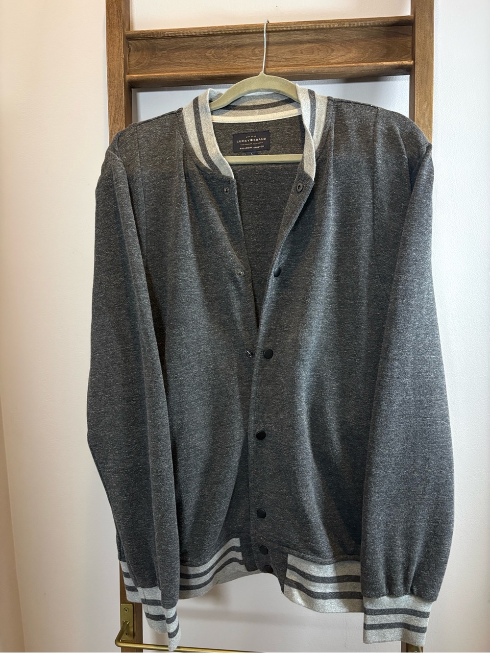 Men’s Lucky Brand Charcoal Gray Varsity Bomber Jacket with Contrast Trim (277)